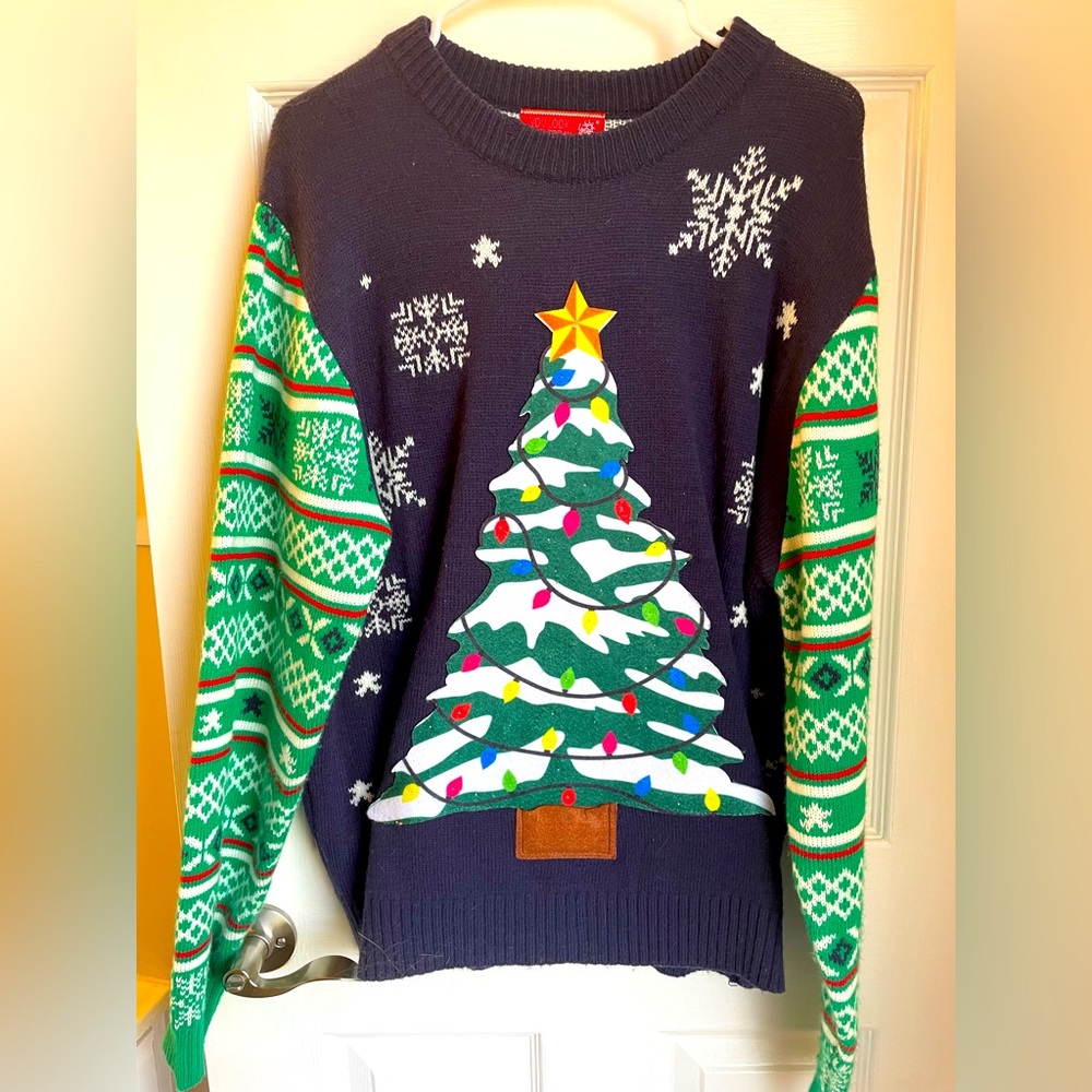 Navy & Green Christmas Tree Knit Sweater